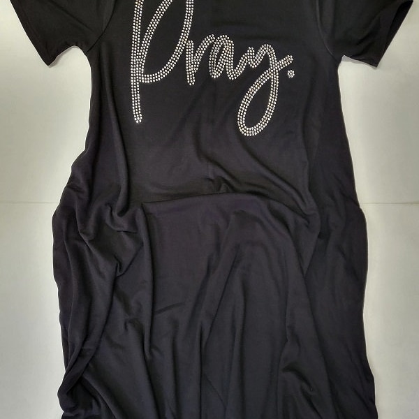 Pray Premium Clear Rhinestone Iron on Short Sleeve Tunic Dress