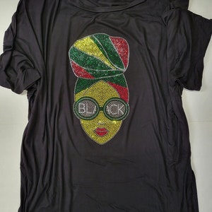 Black Queen with Juneteenth Dreadlocks Hair Rhinestone Luxe Rayon Dolman Half Sleeve Round Neck Top