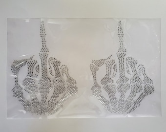 Skull Hand Middle Finger Set Rhinestone Iron on Applique