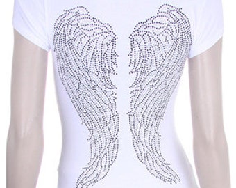Angel Wings Silver and Black Rhinestone Iron on Shirt