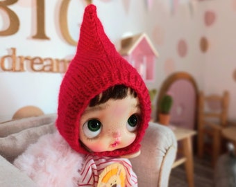 Béguin pour blythe, bonnet lutin pour blythe, chapeau rouge pour qbaby, hat pour blythe, accessoire pour blythe