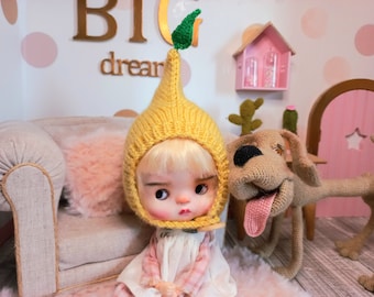 Béguin pour blythe, bonnet lutin pour blythe, chapeau jaune pour qbaby, hat pour blythe, accessoire pour blythe