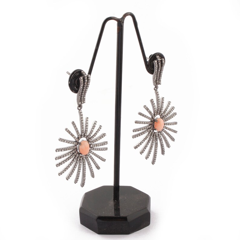 1 Pair Pave Diamond-Pink Opal With Beautiful Spider Web Earrings-925 Sterling Silver-Earrings 44mmx29mm-18mmx6mm ED296