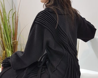 NEUER Boho leichter langer schwarzer Mantel / Avantgarde / Frauen langer Wollmantel in Übergröße / Stilvoller Mantel / Umstandsmode