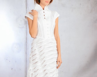 Unique Dress Aiste Anaite / Haute Couture Dress / All White Dress with Sleeves /  Cocktail Dress / White Dress for Women / Wedding Dresss