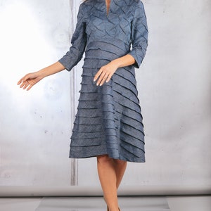 Blue Linen Dress with Sleeves - Sleeved Party Dress - Summer Wedding Attire - Elegant Ceremony, Bridesmaid, and Cocktail Attire image 6