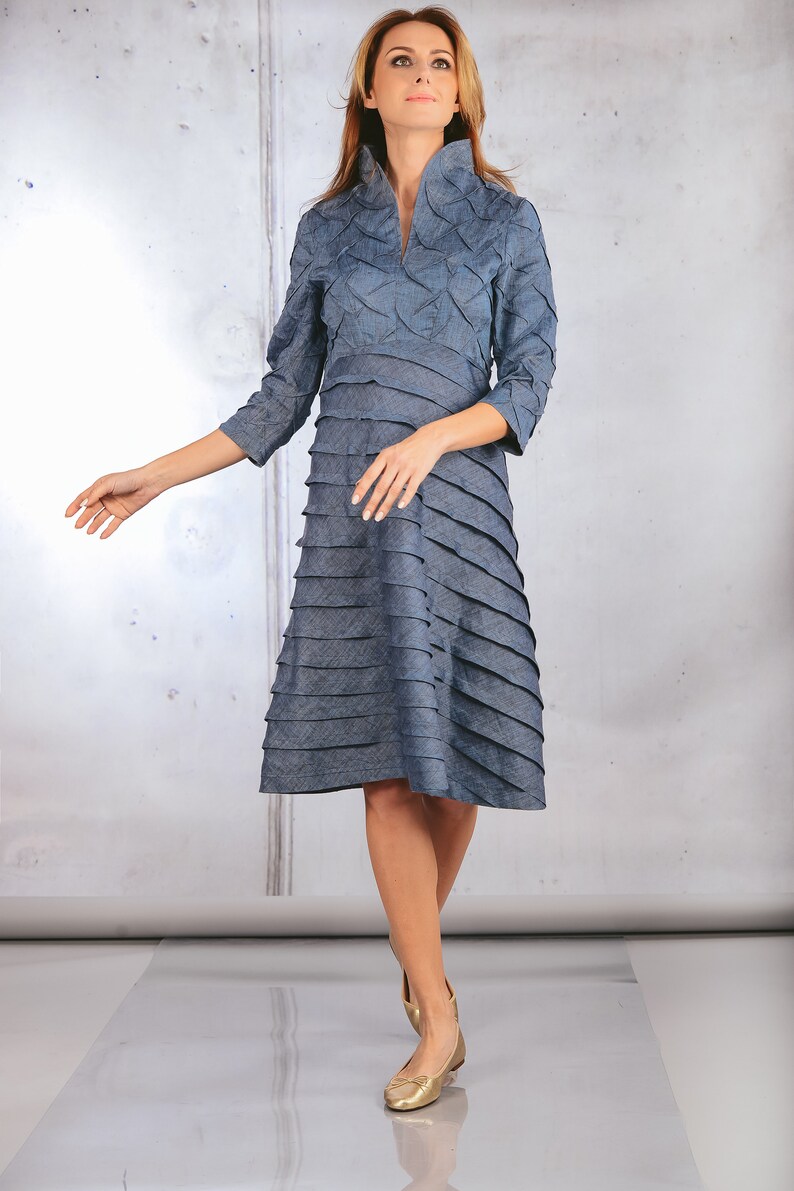 Blue Linen Dress with Sleeves - Sleeved Party Dress - Summer Wedding Attire - Elegant Ceremony, Bridesmaid, and Cocktail Attire image 6