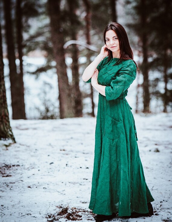 Custom Made Green Linen Dress Alle groene jurk met mouwen Cocktail Jurk Lange Semi Formele Jurk Bruiloft Bruid Jurk Aiste Anite Etsy Nederland