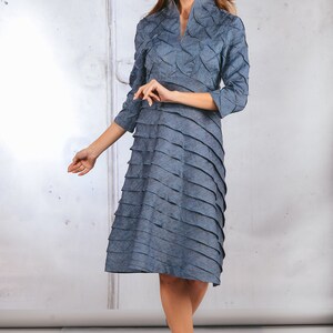 Blue Linen Dress with Sleeves - Sleeved Party Dress - Summer Wedding Attire - Elegant Ceremony, Bridesmaid, and Cocktail Attire image 2