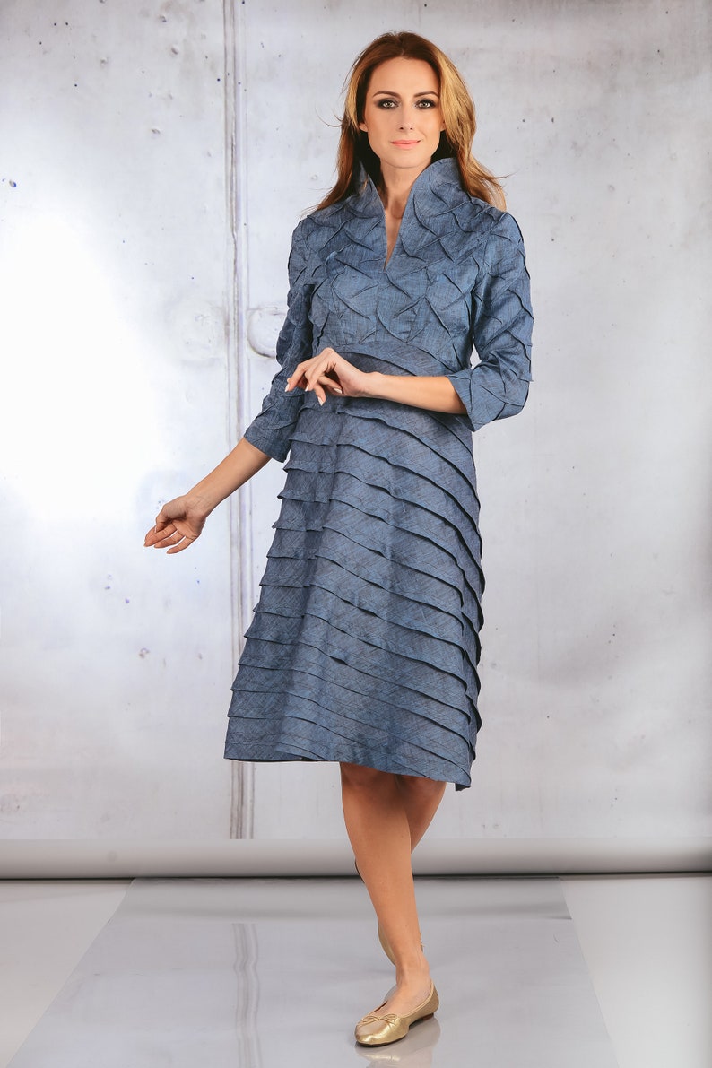 Blue Linen Dress with Sleeves - Sleeved Party Dress - Summer Wedding Attire - Elegant Ceremony, Bridesmaid, and Cocktail Attire image 2