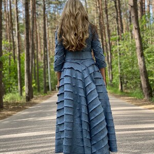 Blue Linen Dress / All Blue Dress with Sleeves /  Cocktail Dress / Long Blue Dress for Women / Any Colors Semi Formal Dress / Wedding Dresss