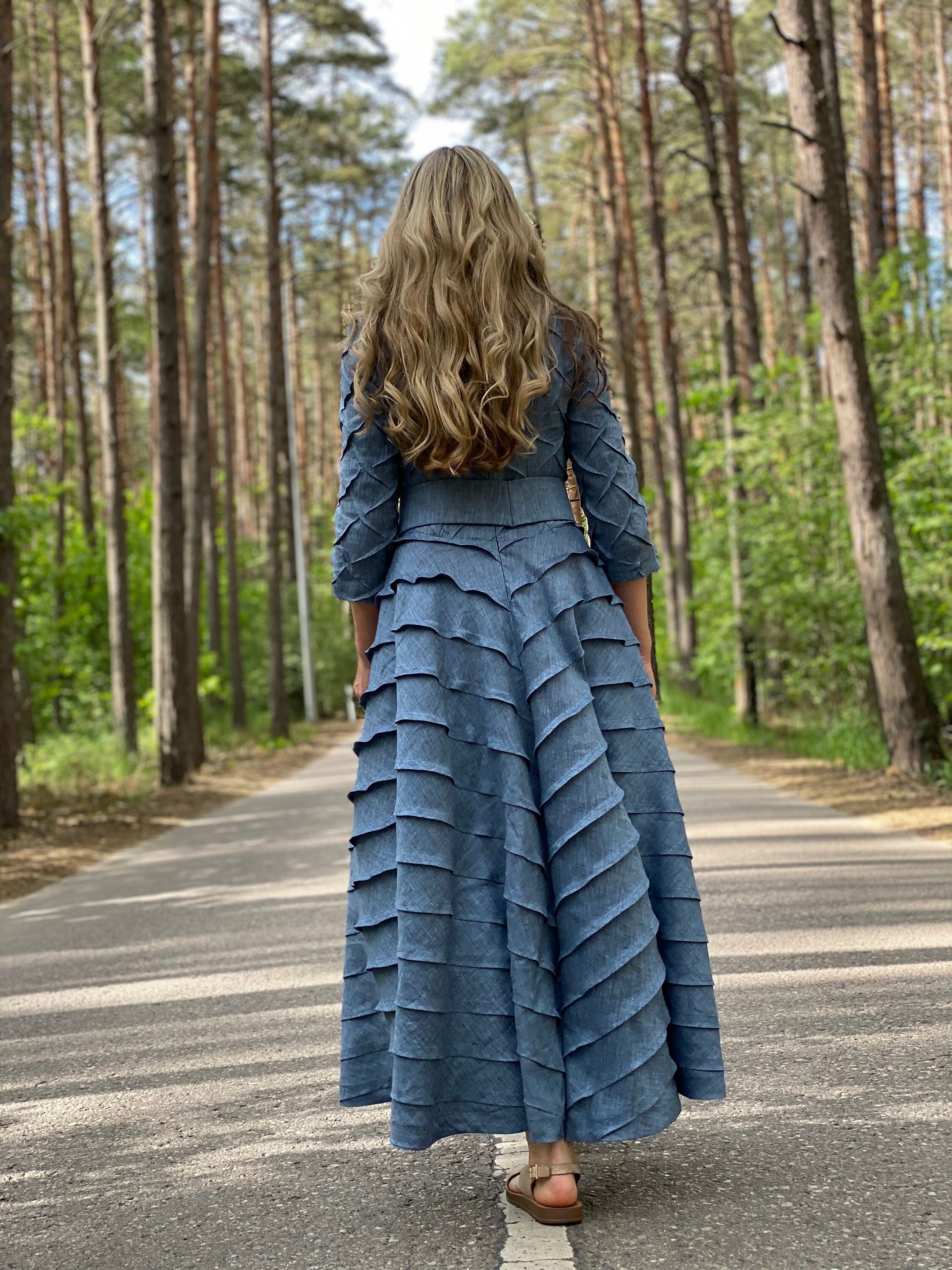 Blue Linen Dress / All Blue Dress with Sleeves /  Cocktail Dress / Long Blue Dress for Women / Any Colors Semi Formal Dress / Wedding Dresss