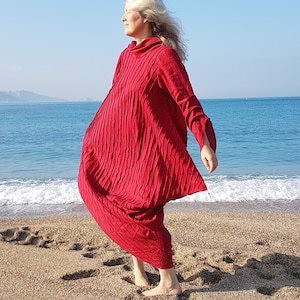 Original Kleid, Einzigartiges rotes Kleid, Oversized, Toga Kleid, Tunika Kleid, beidseitig vorne, Umstandskleidung, Leinen Strandkleid