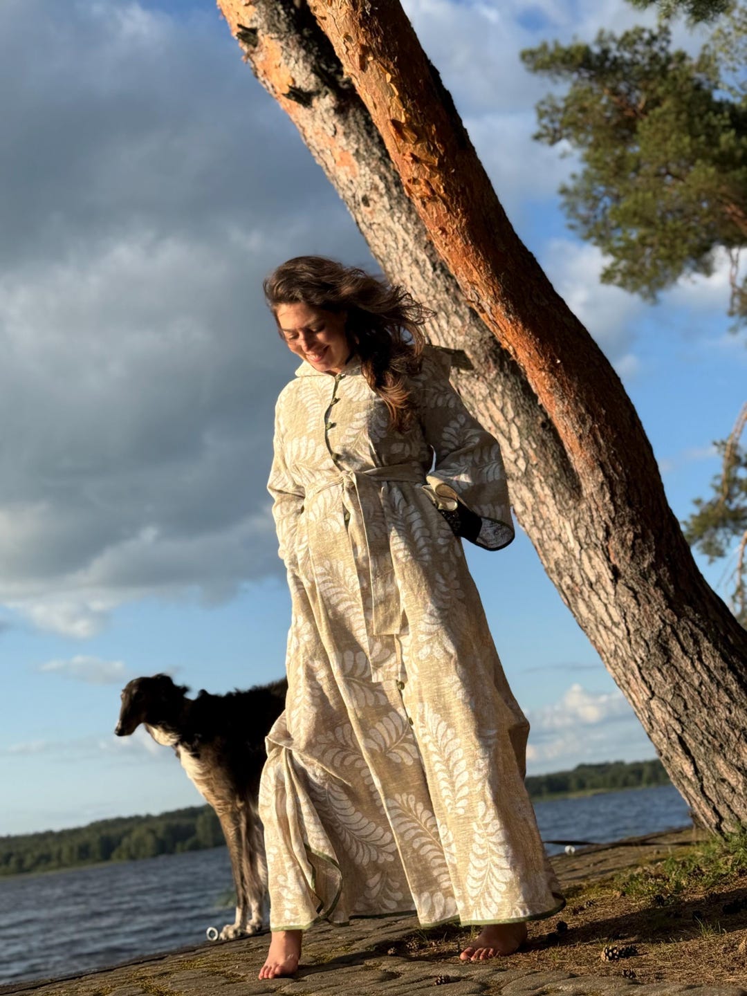Soul Robe Unique Linen Dress Robe With Leaf Print | Natural Boho Coat With Belt ...