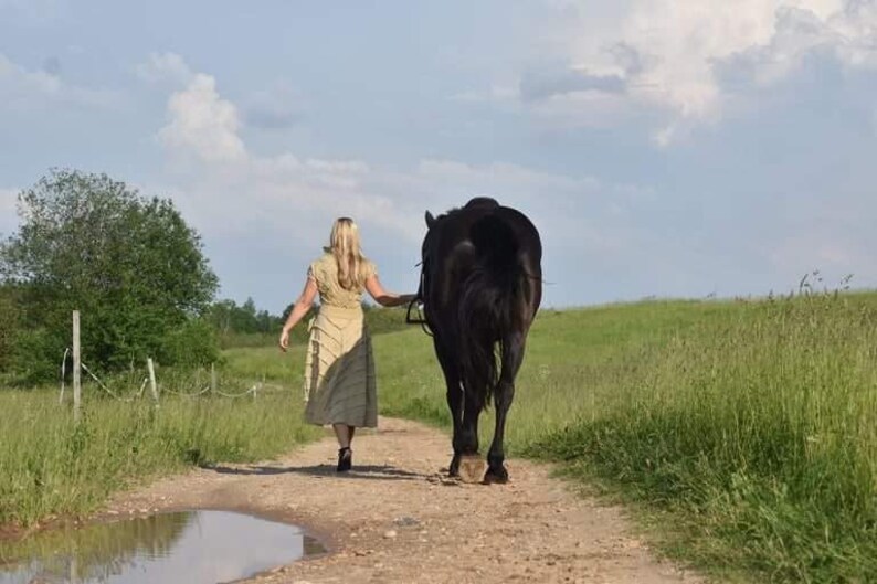 May include: A woman in a light-colored dress walks alongside a black horse on a dirt path. The horse is on the right, and the woman is on the left. The path has a puddle of water. Green grass and trees are in the background under a cloudy sky.