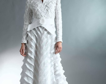 Haute Couture Dress / All White Dress with Sleeves /  Cocktail Dress / Long White Dress for Women / White Semi Formal Dress / Wedding Dresss