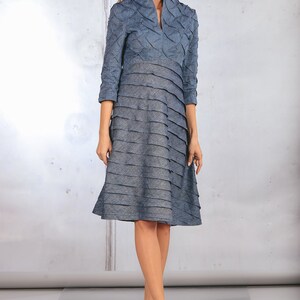 Blue Linen Dress with Sleeves - Sleeved Party Dress - Summer Wedding Attire - Elegant Ceremony, Bridesmaid, and Cocktail Attire image 9