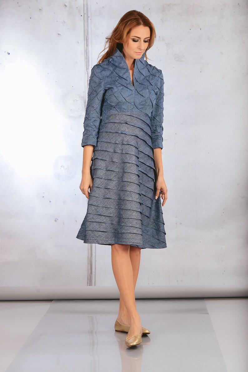 Blue Linen Dress with Sleeves - Sleeved Party Dress - Summer Wedding Attire - Elegant Ceremony, Bridesmaid, and Cocktail Attire image 9