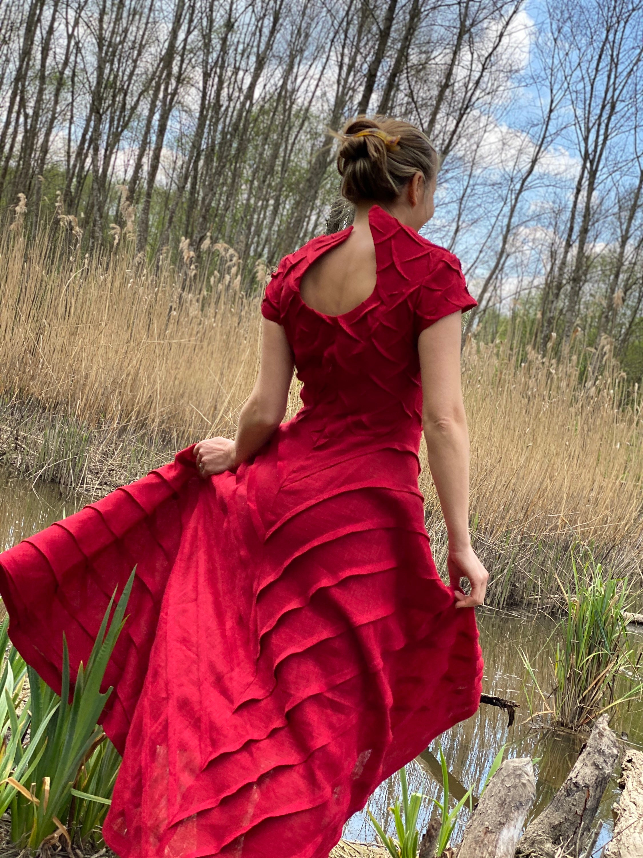 Red Linen Dress / All Red Dress With Sleeves / Cocktail Dress Etsy