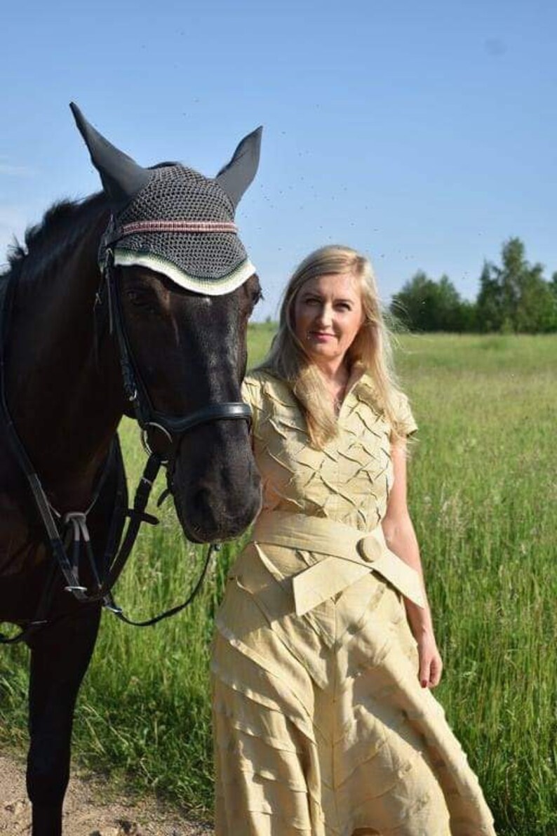 May include: A dark brown horse wearing a black and gray fly bonnet and bridle stands next to a person wearing a light yellow dress with a belt. The background is a green field and blue sky.
