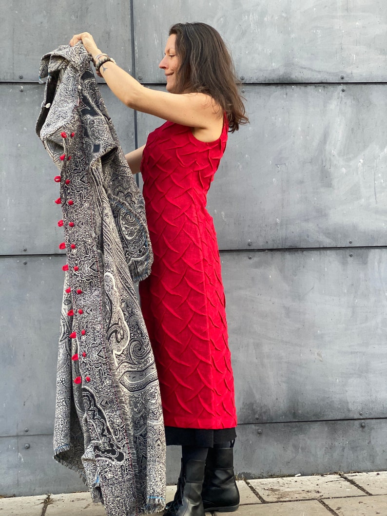 Unique Sculpture on the Fabric Aiste Anaite Red Linen Dress Semi Formal Dress Shirt Dress Womens Clothing Sleeveless Evening Dresses image 1