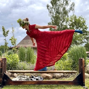 Handmade Red Linen Dress – Sculpted Couture for Midsummer, Pagan Rituals, or Folk Festivals