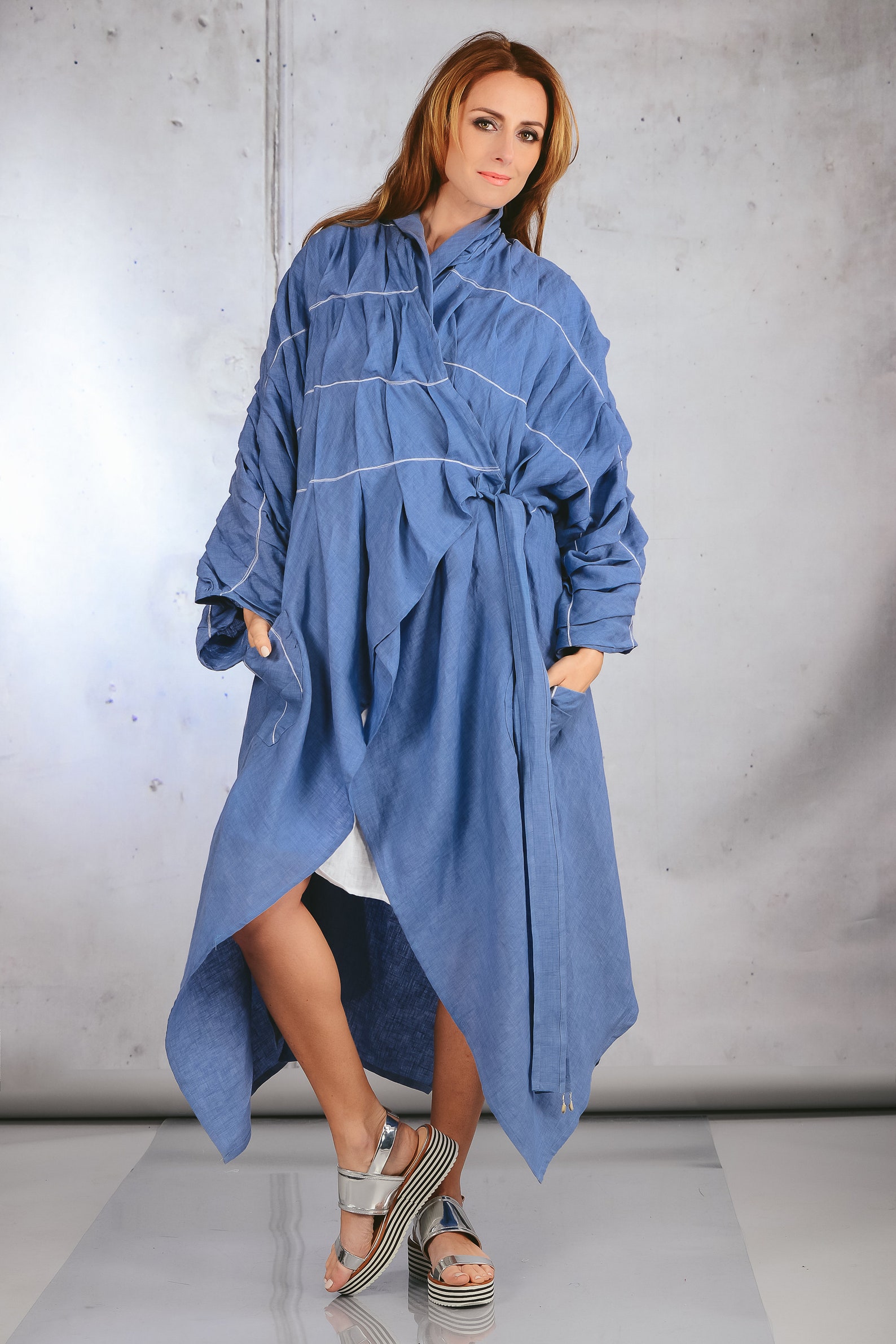 Blue Linen Coat Dress / Long Dress for Women / Linen Dress / Etsy