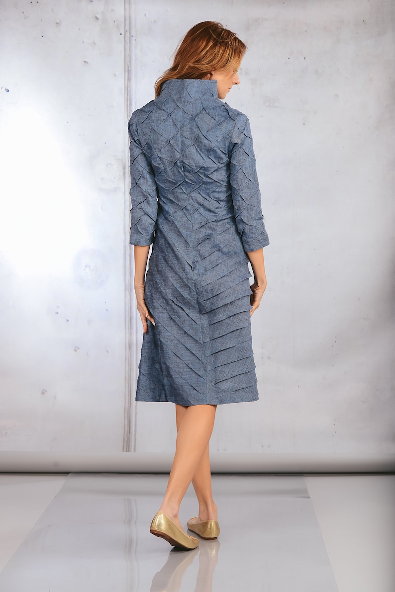 Blue Linen Dress with Sleeves - Sleeved Party Dress - Summer Wedding Attire - Elegant Ceremony, Bridesmaid, and Cocktail Attire image 4