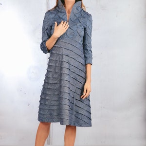 Blue Linen Dress with Sleeves - Sleeved Party Dress - Summer Wedding Attire - Elegant Ceremony, Bridesmaid, and Cocktail Attire image 5
