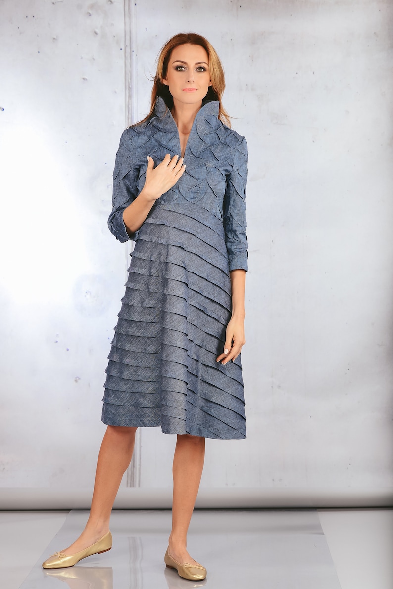 Blue Linen Dress with Sleeves - Sleeved Party Dress - Summer Wedding Attire - Elegant Ceremony, Bridesmaid, and Cocktail Attire image 5