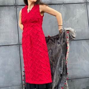 Unique Sculpture on the Fabric Aiste Anaite Red Linen Dress Semi Formal Dress Shirt Dress Womens Clothing Sleeveless Evening Dresses image 4