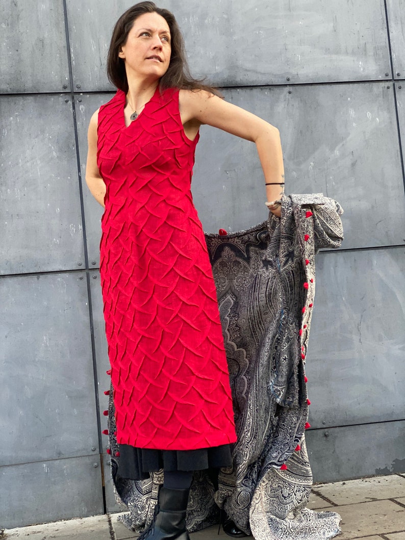 Unique Sculpture on the Fabric Aiste Anaite Red Linen Dress Semi Formal Dress Shirt Dress Womens Clothing Sleeveless Evening Dresses image 4