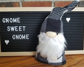 Farmhouse gnome, buffalo plaid, check, for country, rustic, magnolia, Dunn, Nordic decor. Embroidered gnome stuffie.  Gnome black and white