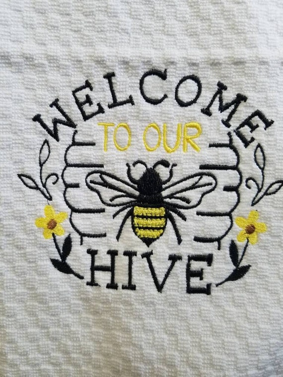 Bee towel, Kitchen towel embroidered with bees, bee decor, kitchen decor,  house warming gift, gift for bee lover