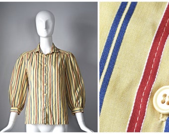 vtg 1990s Lady Manhattan yellow primary pinstripe 3/4 puff sleeve button down blouse | 1970s | summer striped stripes size 8 shirt 1980s 80s