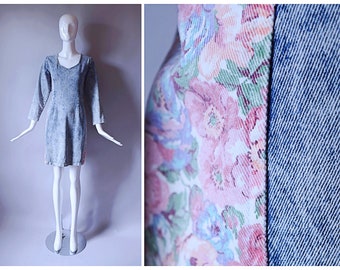 Vintage 1980s grey and pink floral print acid wash denim long sleeve Dress | 1990s 90s 2000s dress