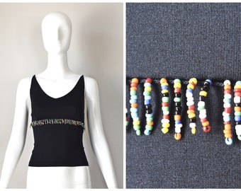 vtg 1990s Entrancy Black Spandex v-neck sleeveless top with colorful beaded fringe bust trim detail | 90s y2k | size medium multi color tank