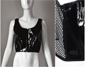 vtg 90s The Icing black vinyl zip up fishnet back crop top | Y2K 1990s zipper mesh cropped sleeveless | size Medium M | rave party festival