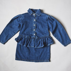 vtg 80s Toddler Girls Popsicle brand dark blue denim peplum button down dress w/ shoulder pads old school 1980s childrens jeans image 2