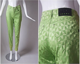 vtg 90s Exte Jeans motif kaléidoscope vert lime coupe slim pantalon taille basse | années 1990 | taille 28 pantalon droit femme coupe slim