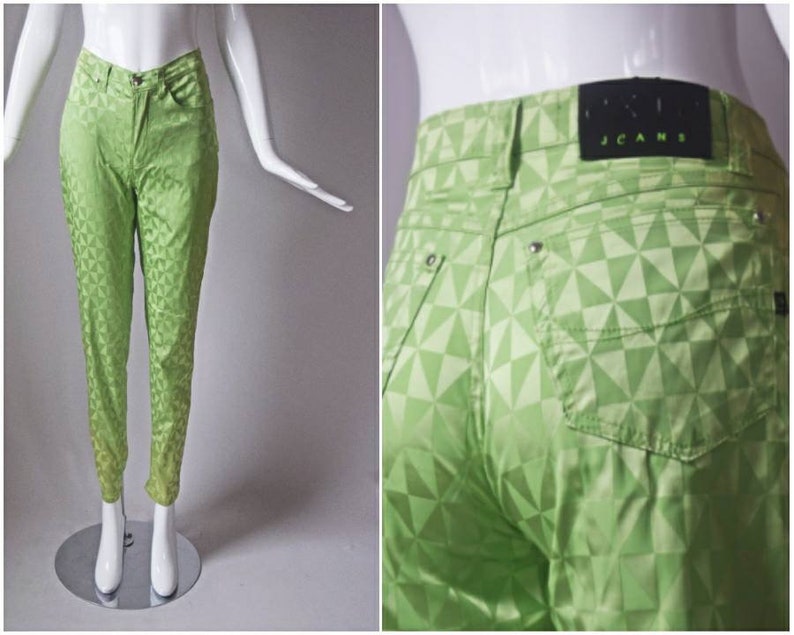 vtg 90s Exte Jeans lime green kaleidoscope pattern slim cut low waist pants y2k 1990s size 28 slim cut womens straight trouser slacks image 1