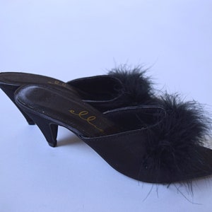 Vintage 1990s Ellie black marabou feather peep toe kitten heel Shoes 1990s 90s 2000s shoes image 7