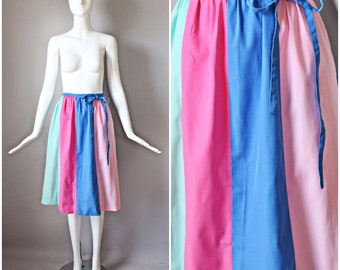 vtg 70s Leon Levin bubble gum pink and blue stripe panel wrap skirt with pockets | old school 1970s 80s flared skirt | tie waist summer