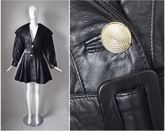 vtg 80s Global Identity GIII black leather peplum waist princess coat w/ wide belt | 1990s 80s | size Large L gold button G3 G-III