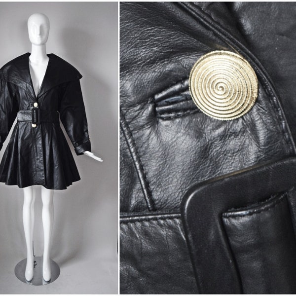 vtg 80s Global Identity GIII black leather peplum waist princess coat w/ wide belt | 1990s 80s | size Large L gold button G3 G-III