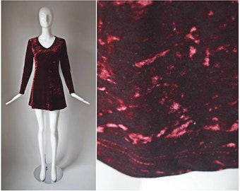 vtg 90s Moda Int'l burgundy red crushed velvet long sleeve trapeze dress | y2k 1990s | size X-Small XS dress | holiday party v-neck dress