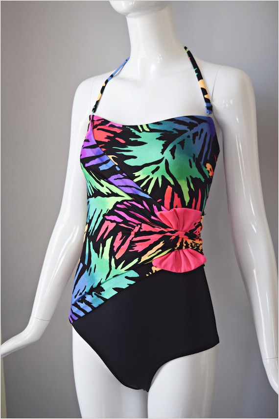 vtg 90s Catalina black and neon palm leaf print f… - image 5