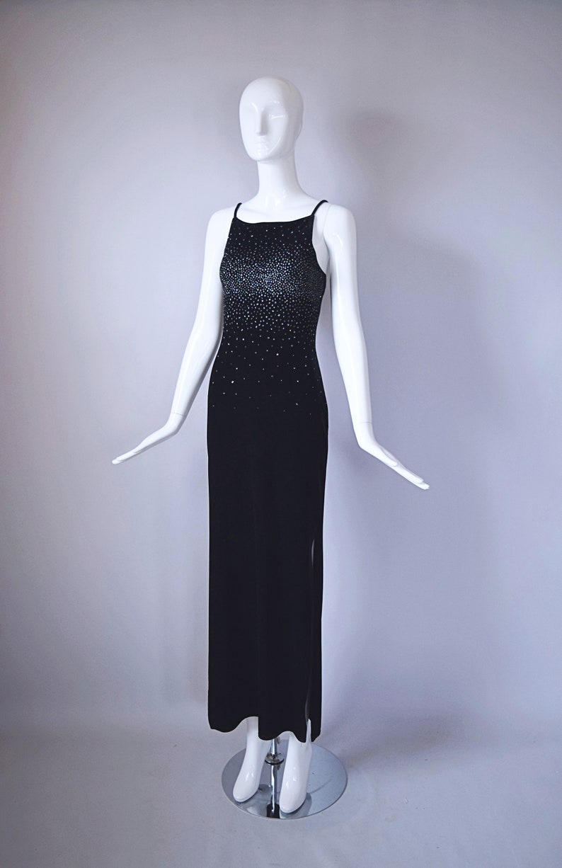 Vintage 1990s Jump Apparel Co. Black Velvet Floor Length Dress with Silver Glitter Detail retro 90s Y2K 2000s image 10