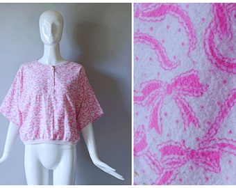 Vintage 1980s white and pink bow print flannel dolman sleeve Top | 1990s 80s 2000s top