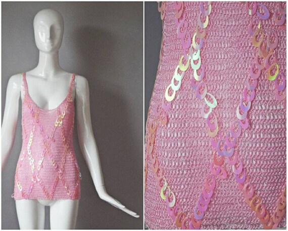 vtg 90s y2k pink pastel paillette sequin crochet t